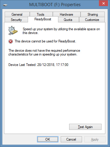 Trying to enable Readyboost in an unsupported USB flash drive.